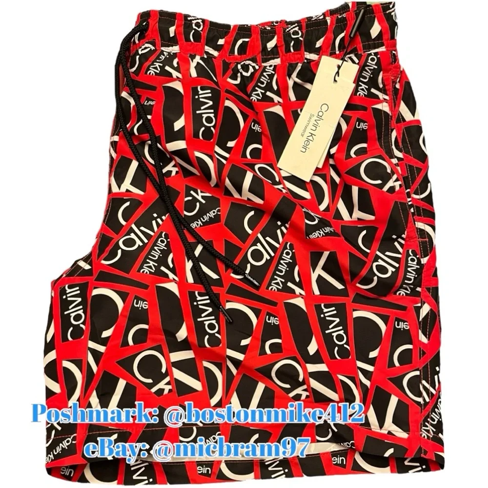 Mens Calvin Klein Swim Trunks XXL NWT Quick Dry UPF 40+ RED BLACK WHITE Collage